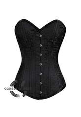 Black Brocade Spiral Steel Boned Corset Goth Burlesque Waist Training LONGLINE Overbust Bustier Top